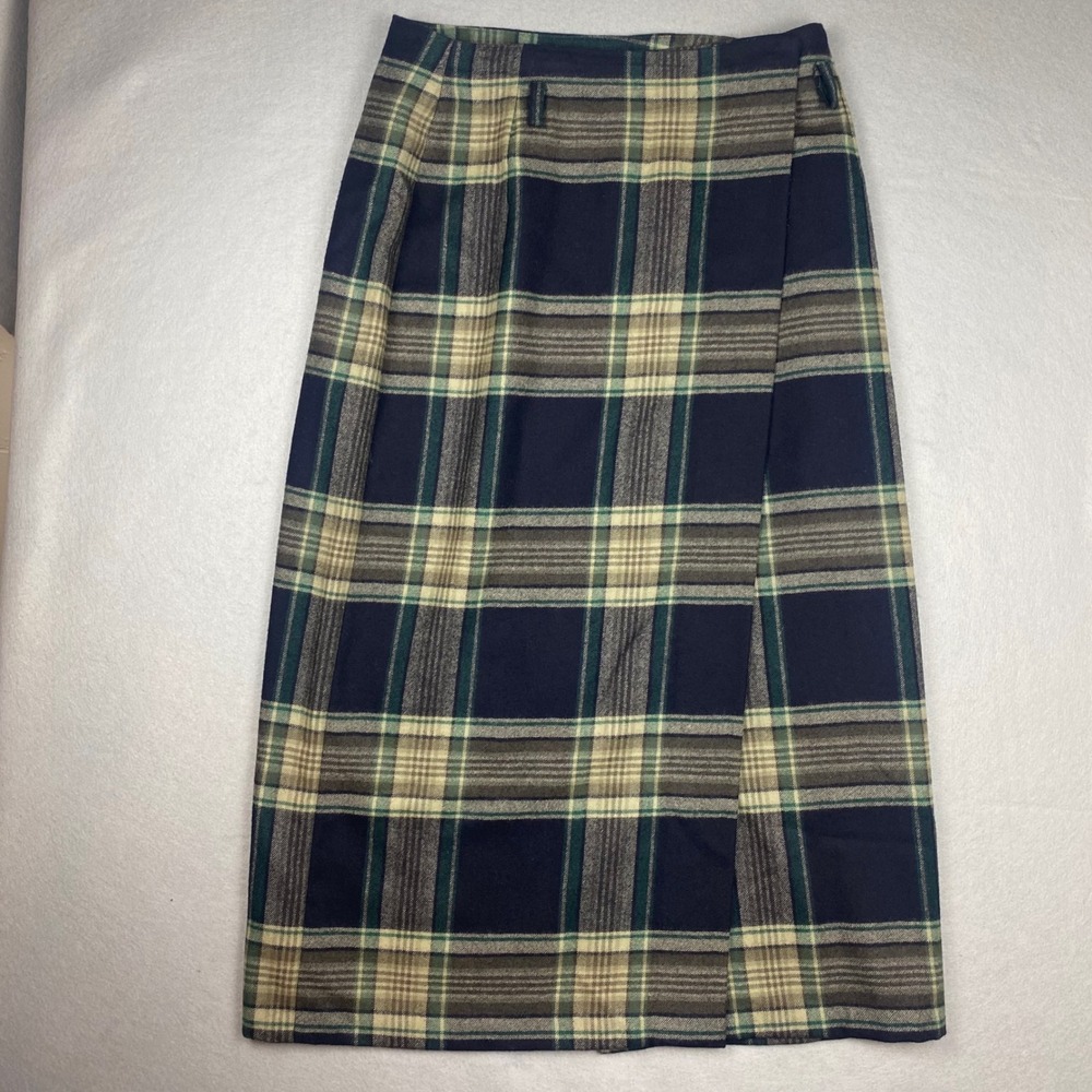 Eddie Bauer Vintage 100% Wool Plaid Wrap Midi Skirt Navy Green Womens 16 Tartan
